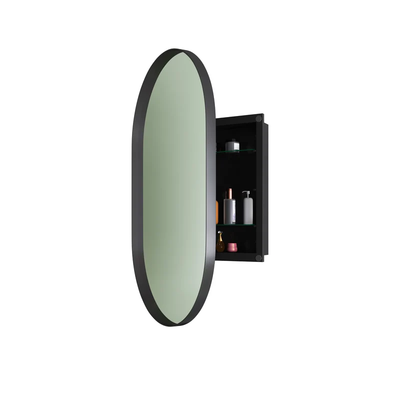 Armoire de toilette avec miroir ovale, cadre noire, mural ou encastré 85x51,5cm OPALGLEAM