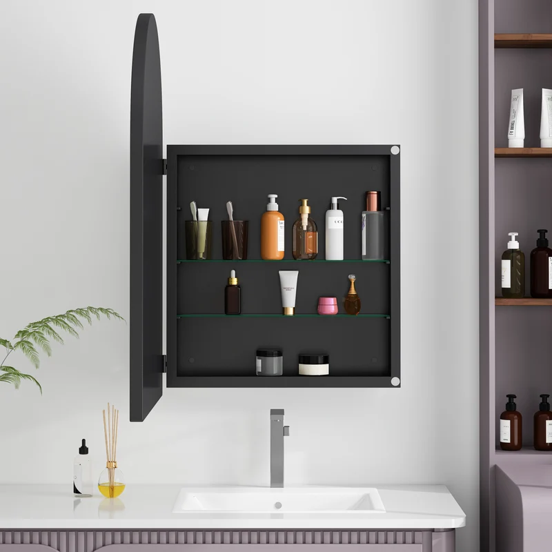 Armoire de toilette miroir arquée noire, encastré ou mural 91x61cm BETELGEUSERED
