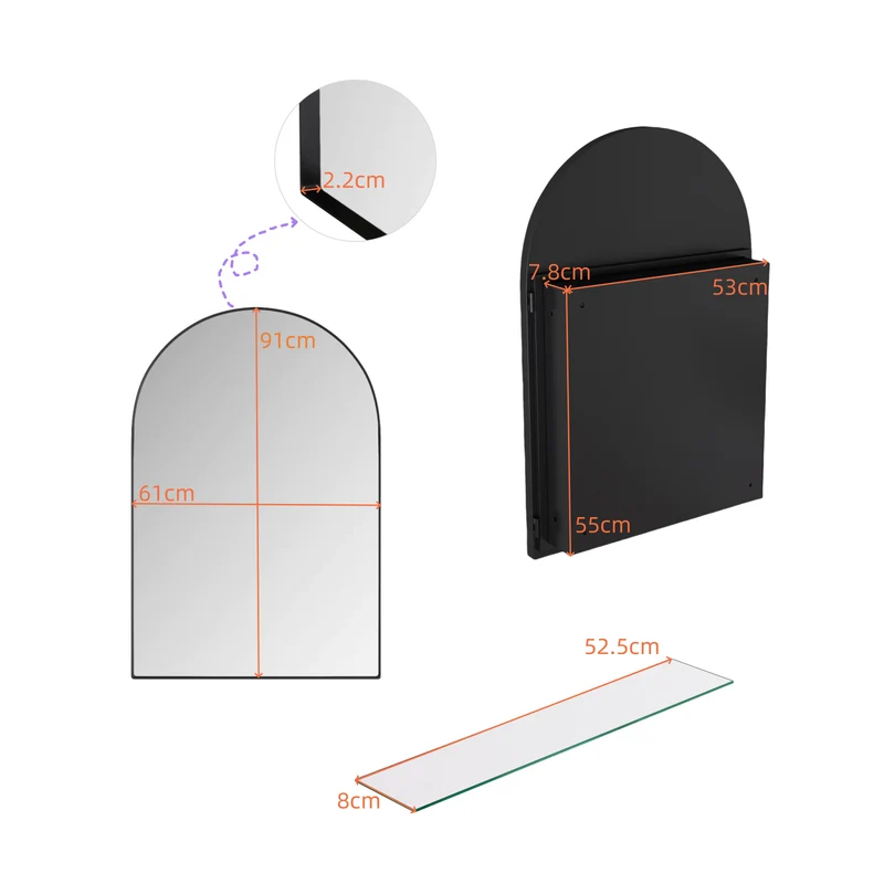 Armoire de toilette miroir arquée noire, encastré ou mural 91x61cm BETELGEUSERED