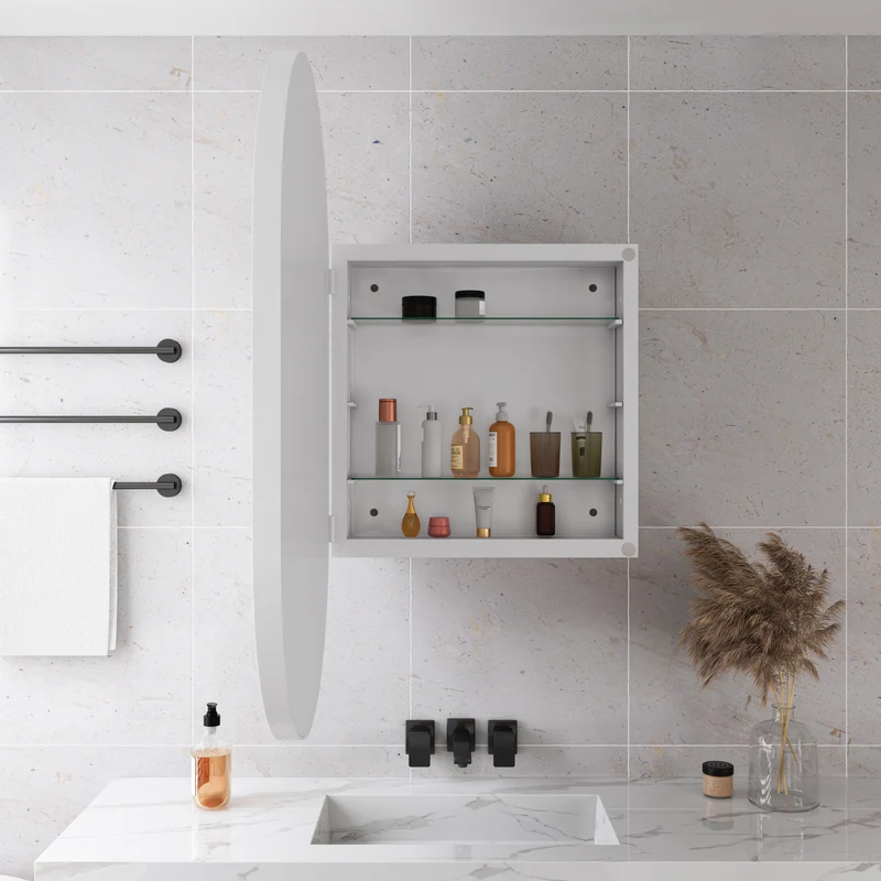 Armoire de toilette blanche miroir ovale, cabinet mural encastré 85x51,5 cm MENHIRPOST