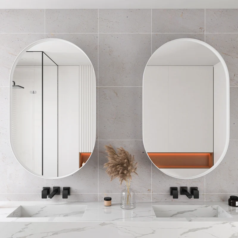 Armoire de toilette blanche miroir ovale, cabinet mural encastré 85x51,5 cm MENHIRPOST