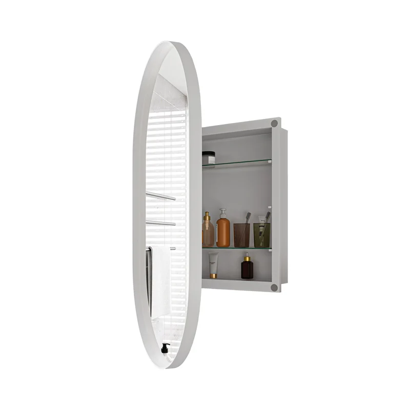 Armoire de toilette blanche miroir ovale, cabinet mural encastré 85x51,5 cm MENHIRPOST
