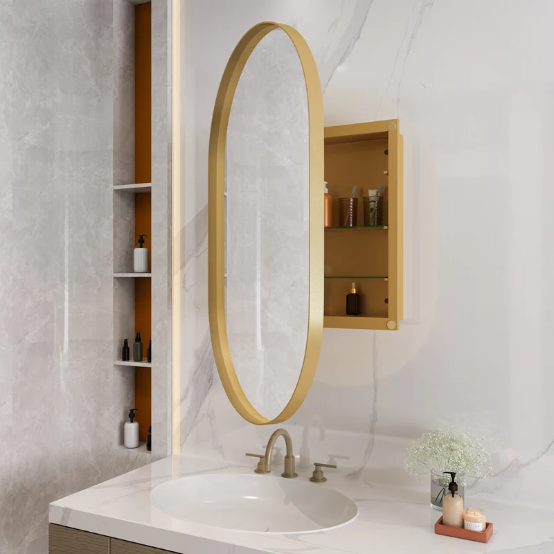 Armoire de toilette ovale avec miroir, encastrable ou murale, cadre doré 85x51,5cm, GLAZECOAT