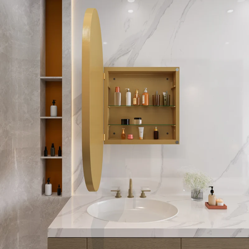 Armoire de toilette ovale avec miroir, encastrable ou murale, cadre doré 85x51,5cm, GLAZECOAT