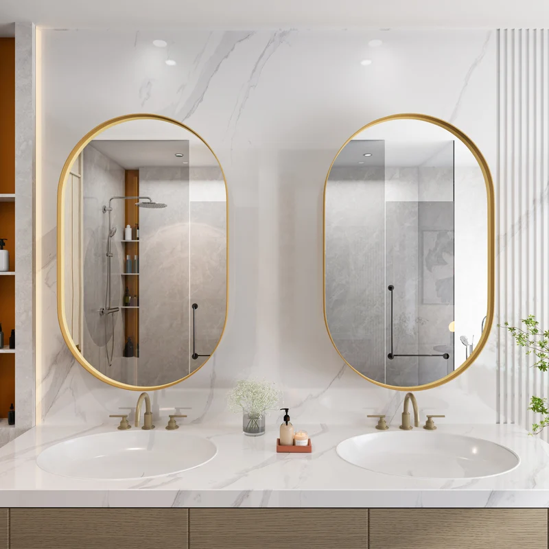 Armoire de toilette ovale avec miroir, encastrable ou murale, cadre doré 85x51,5cm, GLAZECOAT