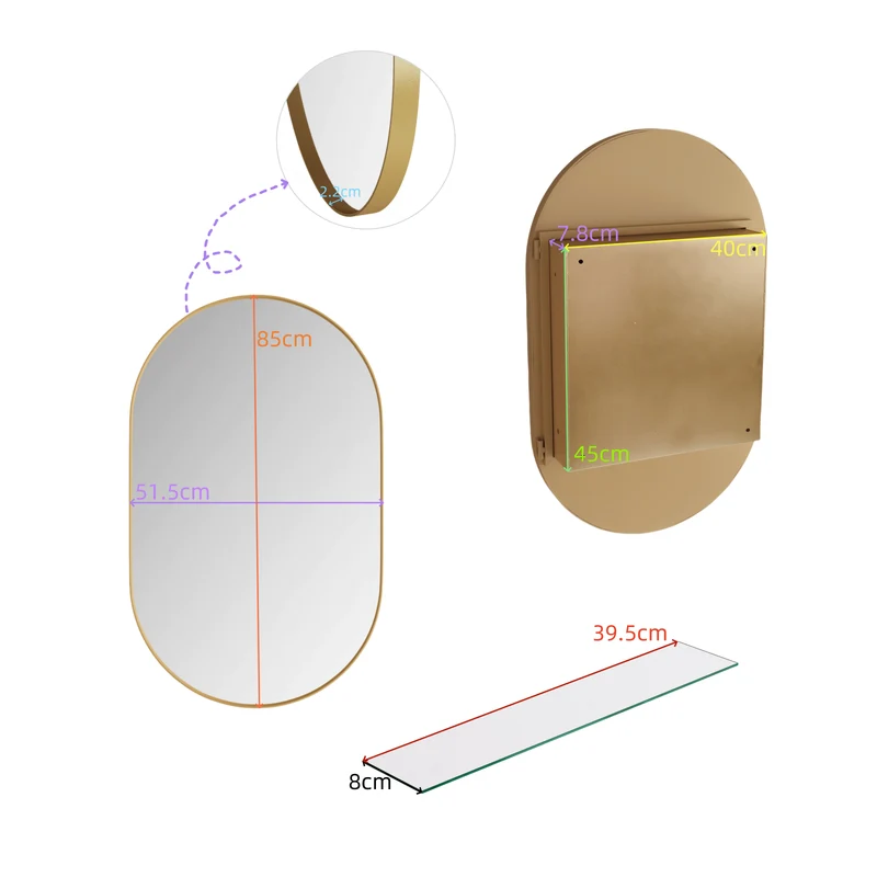 Armoire de toilette ovale avec miroir, encastrable ou murale, cadre doré 85x51,5cm, GLAZECOAT