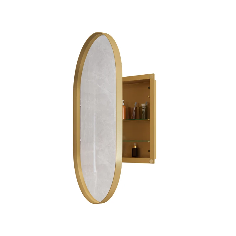 Armoire de toilette ovale avec miroir, encastrable ou murale, cadre doré 85x51,5cm, GLAZECOAT