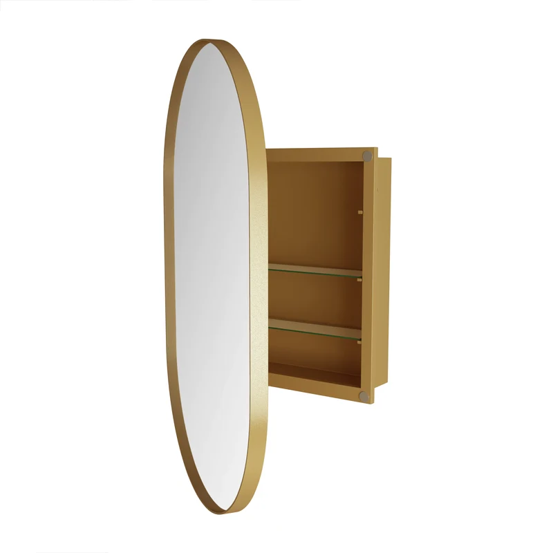 Armoire de toilette ovale avec miroir, encastrable ou murale, cadre doré 85x51,5cm, GLAZECOAT