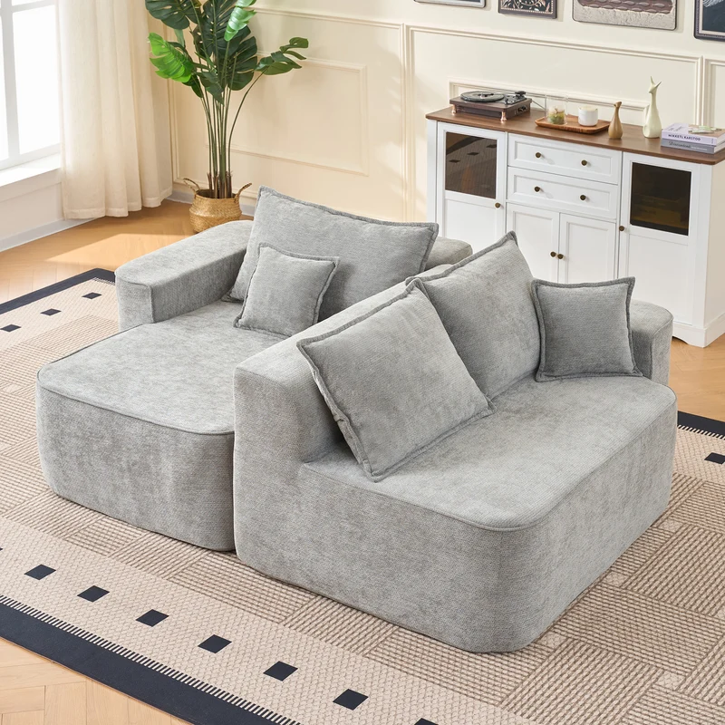 Canapé d'angle XXL L-Form modulable 264cm en chenille gris clair, profond, sans montage, confort moelleux DECENTRA