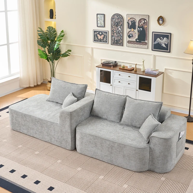 Canapé d'angle XXL L-Form modulable 264cm en chenille gris clair, profond, sans montage, confort moelleux DECENTRA