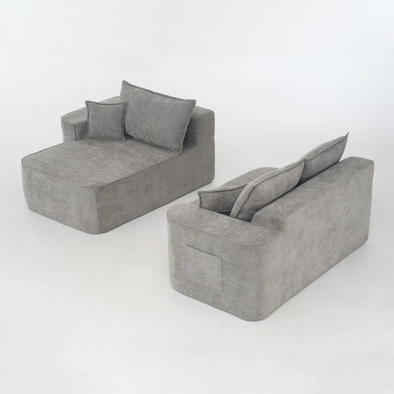Canapé d'angle XXL L-Form modulable 264cm en chenille gris clair, profond, sans montage, confort moelleux DECENTRA