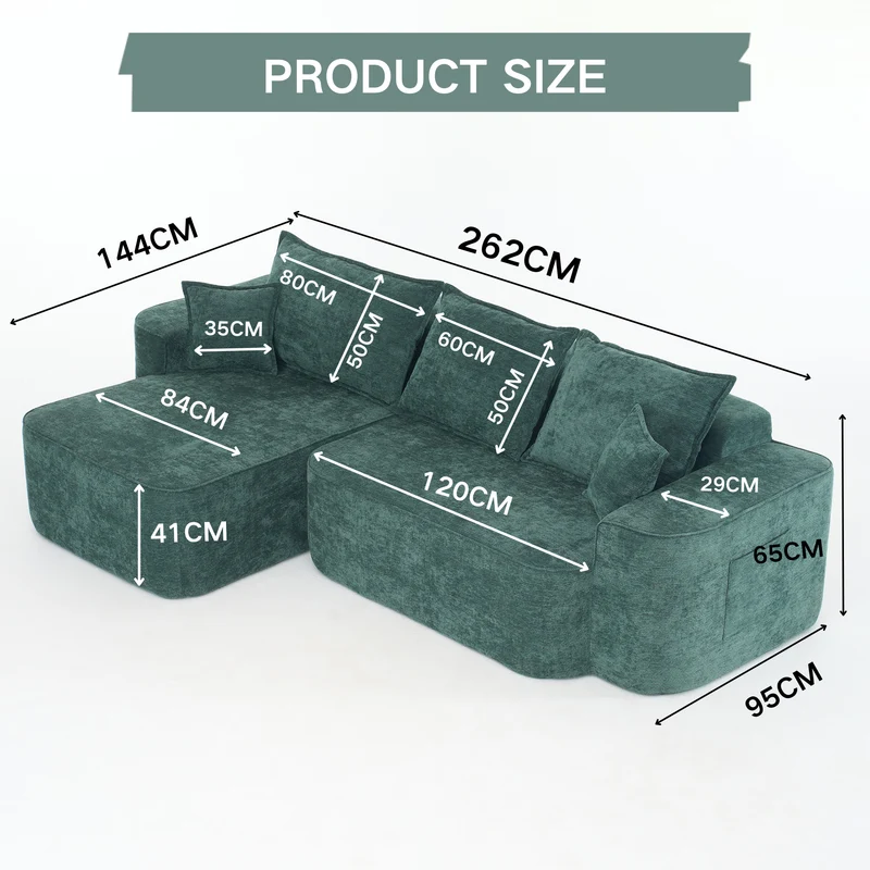 Canapé d'angle XXL L-Form modulable 264cm en chenille vert, profond, sans montage, confort moelleux BIOLOGY