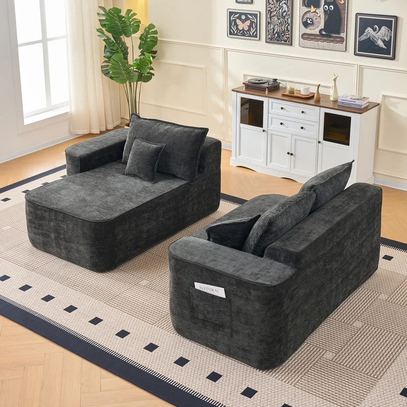 Canapé d'angle XXL L-Form modulable 264cm en chenille noire, profond, sans montage, confort moelleux METAVERS