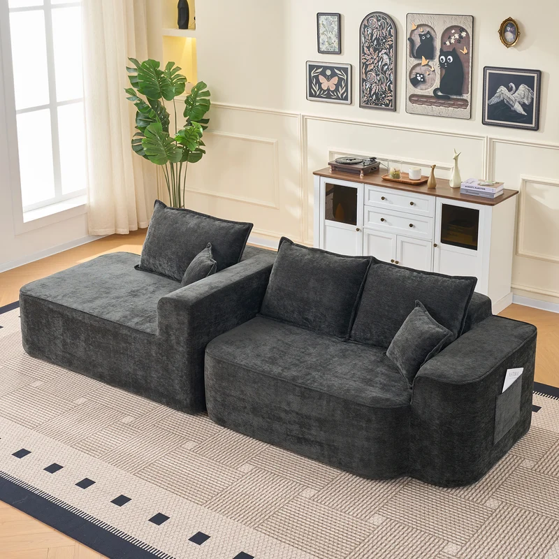 Canapé d'angle XXL L-Form modulable 264cm en chenille noire, profond, sans montage, confort moelleux METAVERS