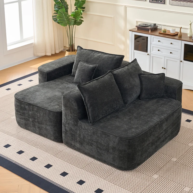 Canapé d'angle XXL L-Form modulable 264cm en chenille noire, profond, sans montage, confort moelleux METAVERS