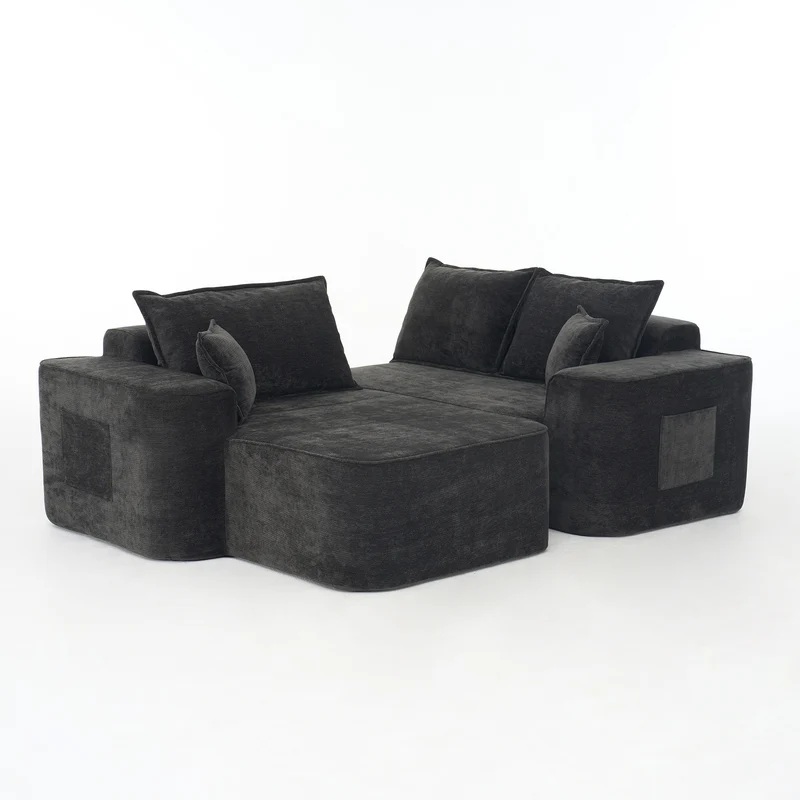 Canapé d'angle XXL L-Form modulable 264cm en chenille noire, profond, sans montage, confort moelleux METAVERS