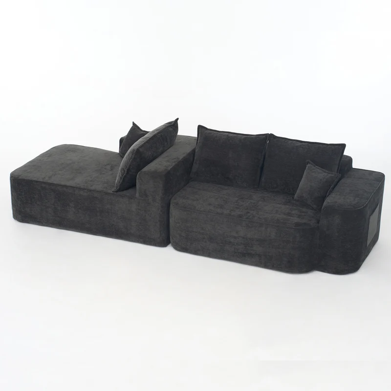 Canapé d'angle XXL L-Form modulable 264cm en chenille noire, profond, sans montage, confort moelleux METAVERS