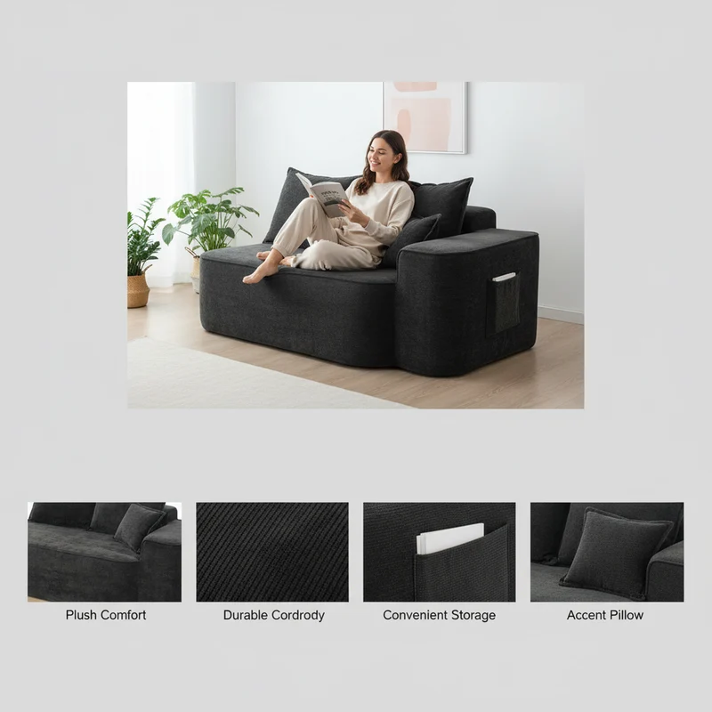 Canapé 2 places sans montage chenille noir, poches latérales, assise moelleuse LANDFILL