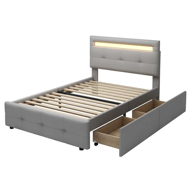 Lit simple capitonnée gris éclairage LED et 2 tiroirs de rangement 90x200 cm (matelas non inclus) REFORESTAT