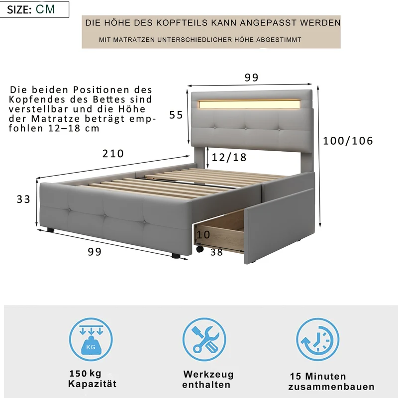 Lit simple capitonnée gris éclairage LED et 2 tiroirs de rangement 90x200 cm (matelas non inclus) REFORESTAT