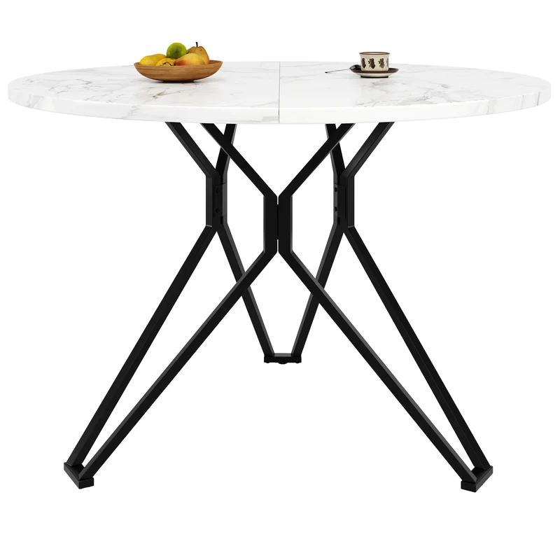 Table de salle à manger ronde effet marbre blanc pieds noires KOTOK