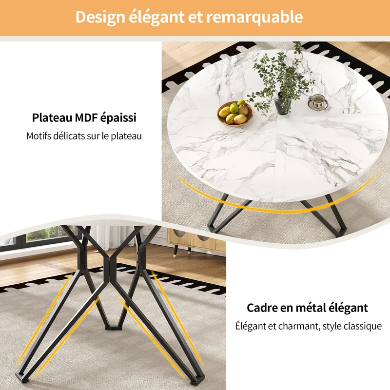 Table de salle à manger ronde effet marbre blanc pieds noires KOTOK