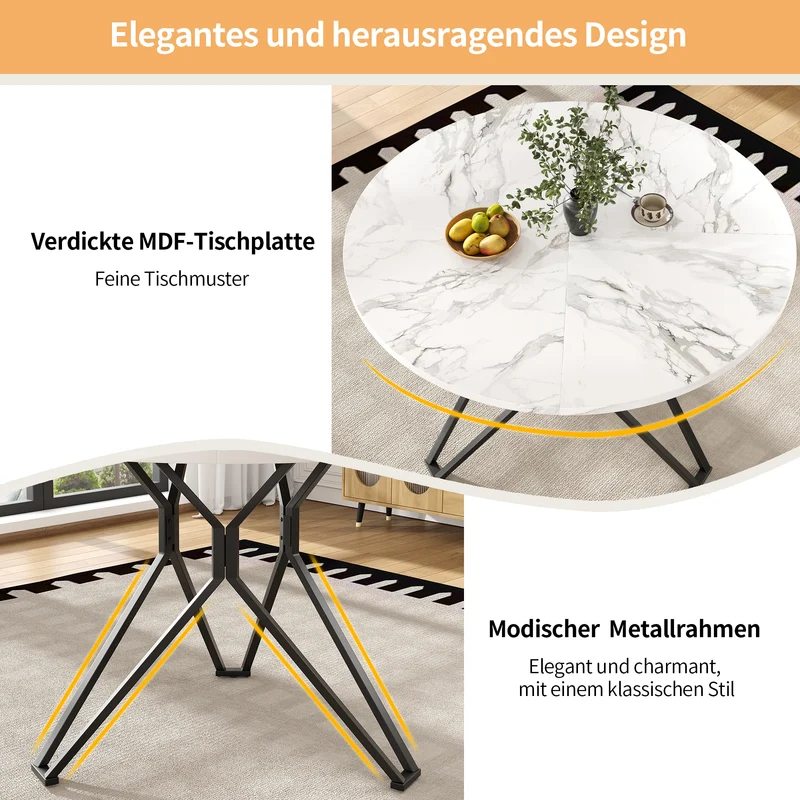 Table de salle à manger ronde effet marbre blanc pieds noires KOTOK
