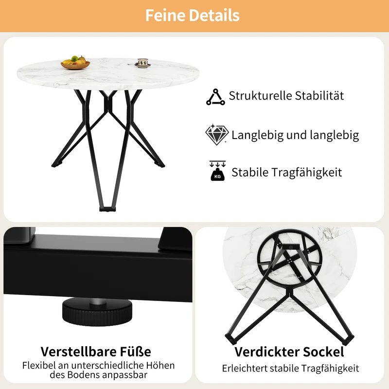 Table de salle à manger ronde effet marbre blanc pieds noires KOTOK