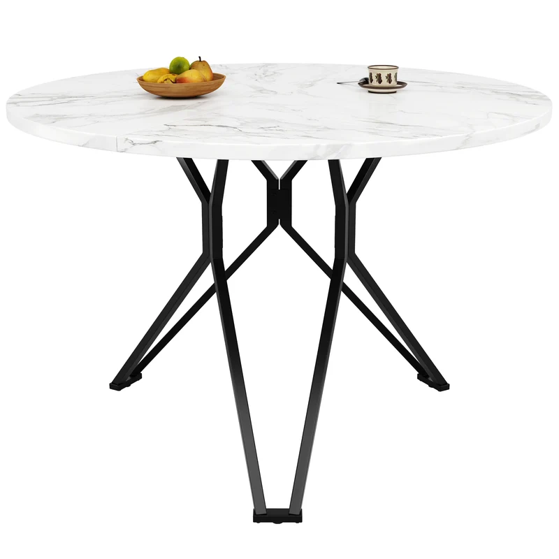Table de salle à manger ronde effet marbre blanc pieds noires KOTOK