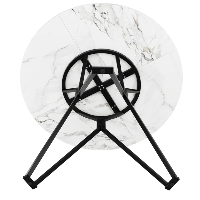 Table de salle à manger ronde effet marbre blanc pieds noires KOTOK
