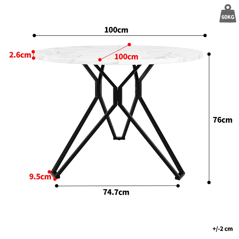 Table de salle à manger ronde effet marbre blanc pieds noires KOTOK