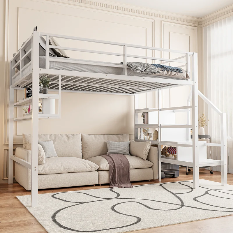 Lits double superposés métallique blanc échelle avec étagères rangement (140*200cm) VEIRNAH