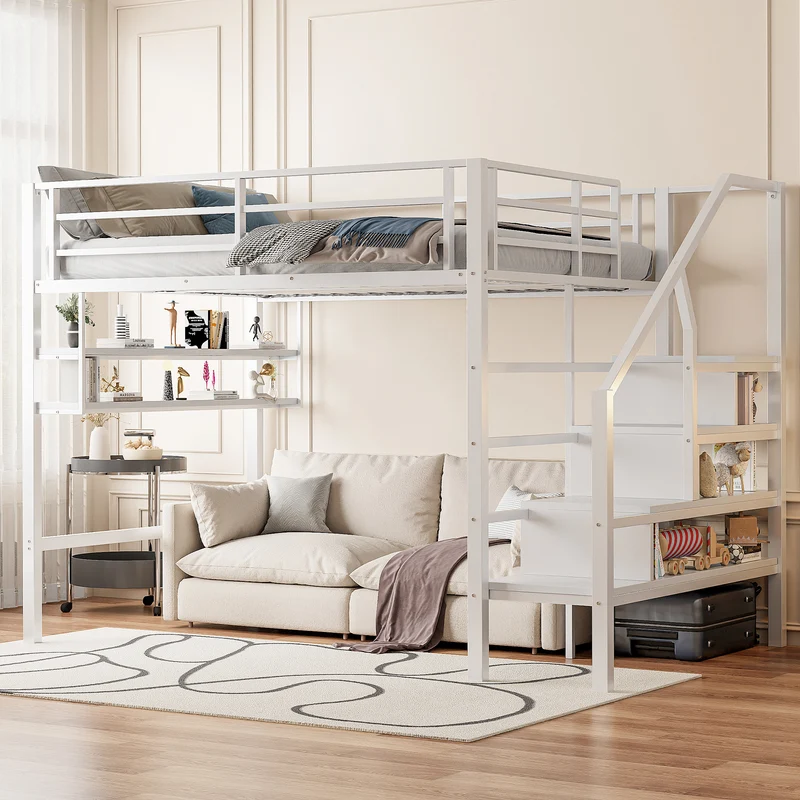 Lits double superposés métallique blanc échelle avec étagères rangement (140*200cm) VEIRNAH