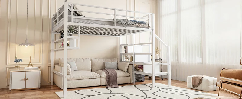 Lits double superposés métallique blanc échelle avec étagères rangement (140*200cm) VEIRNAH