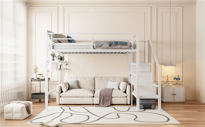 Lits double superposés métallique blanc échelle avec étagères rangement (140*200cm) VEIRNAH