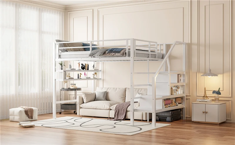 Lits double superposés métallique blanc échelle avec étagères rangement (140*200cm) VEIRNAH