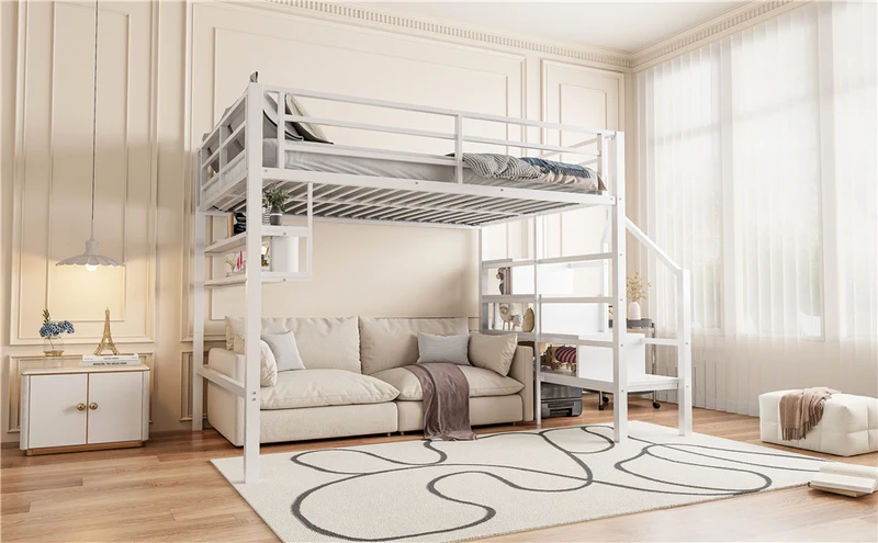 Lits double superposés métallique blanc échelle avec étagères rangement (140*200cm) VEIRNAH