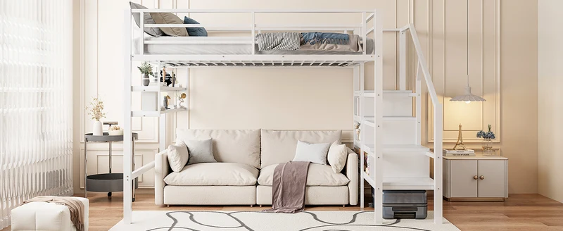 Lits double superposés métallique blanc échelle avec étagères rangement (140*200cm) VEIRNAH