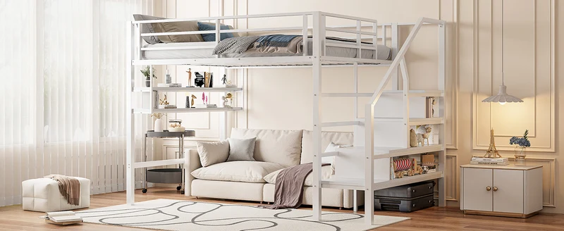 Lits double superposés métallique blanc échelle avec étagères rangement (140*200cm) VEIRNAH
