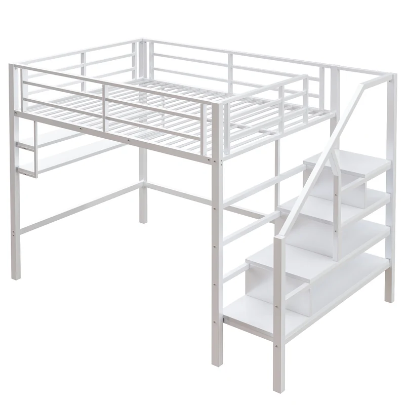 Lits double superposés métallique blanc échelle avec étagères rangement (140*200cm) VEIRNAH