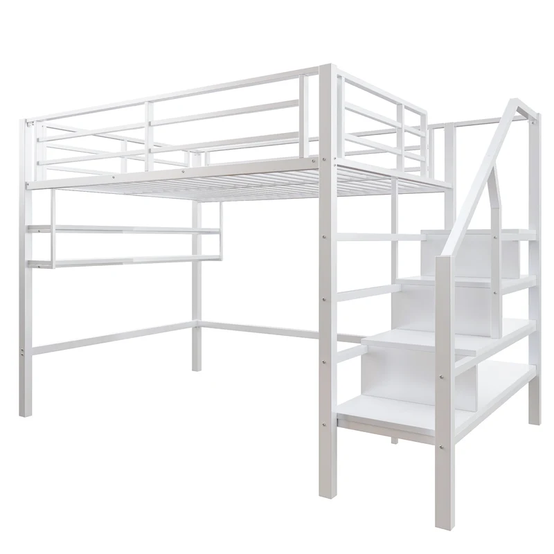 Lits double superposés métallique blanc échelle avec étagères rangement (140*200cm) VEIRNAH