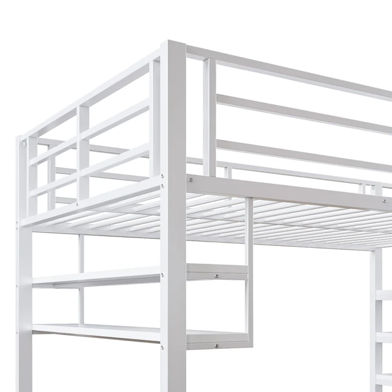 Lits double superposés métallique blanc échelle avec étagères rangement (140*200cm) VEIRNAH