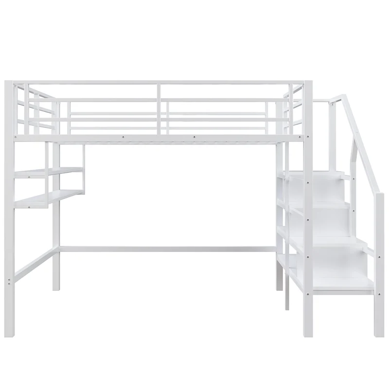 Lits double superposés métallique blanc échelle avec étagères rangement (140*200cm) VEIRNAH