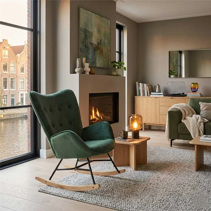 Fauteuil à bascule Scandinave velours vert pieds en bois clair EPPING KD VELVET GREEN WOOD LEG