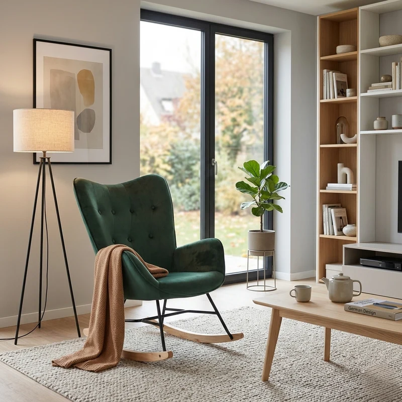 Fauteuil à bascule Scandinave velours vert pieds en bois clair EPPING KD VELVET GREEN WOOD LEG
