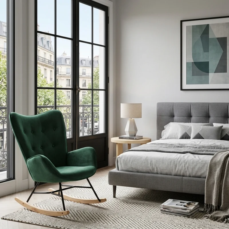 Fauteuil à bascule Scandinave velours vert pieds en bois clair EPPING KD VELVET GREEN WOOD LEG
