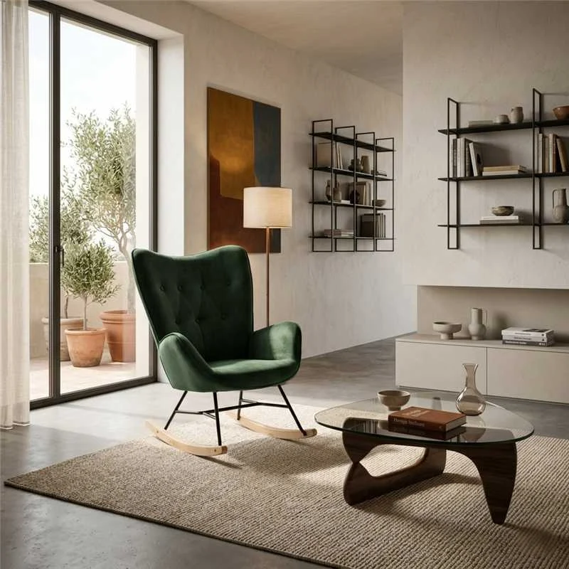 Fauteuil à bascule Scandinave velours vert pieds en bois clair EPPING KD VELVET GREEN WOOD LEG