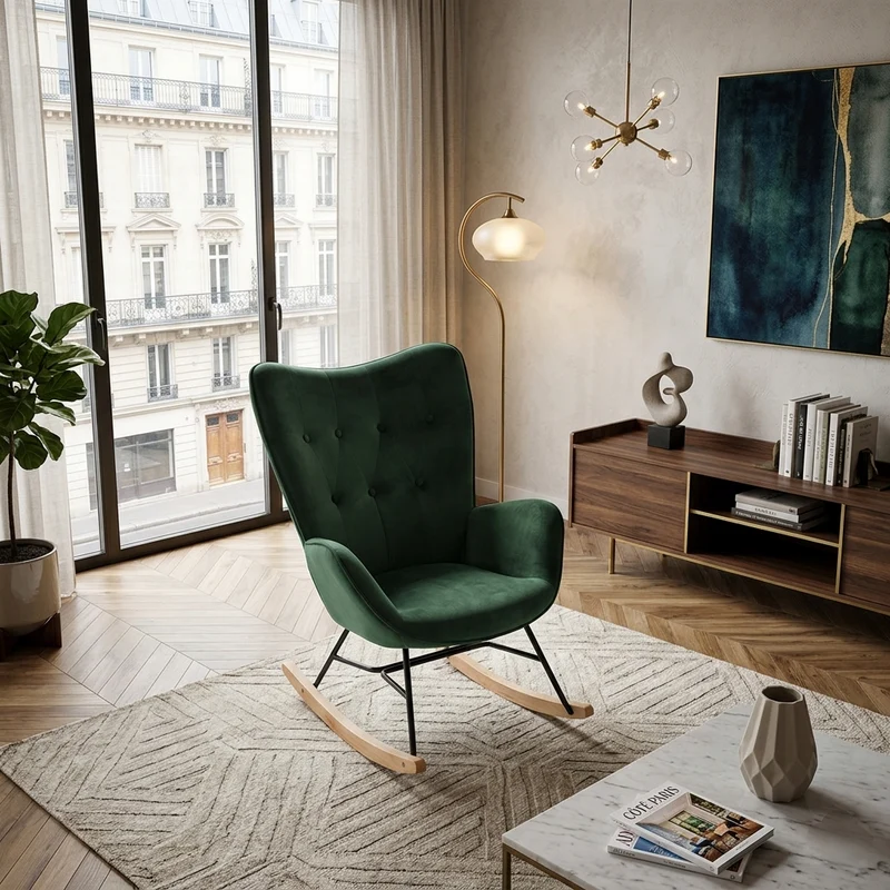 Fauteuil à bascule Scandinave velours vert pieds en bois clair EPPING KD VELVET GREEN WOOD LEG
