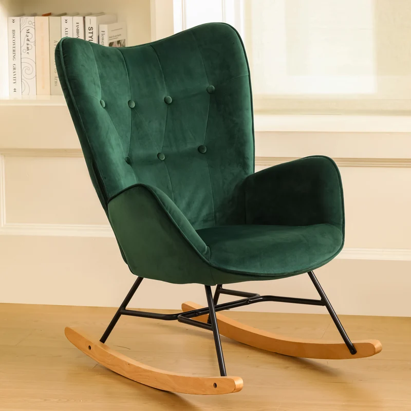 Fauteuil à bascule Scandinave velours vert pieds en bois clair EPPING KD VELVET GREEN WOOD LEG