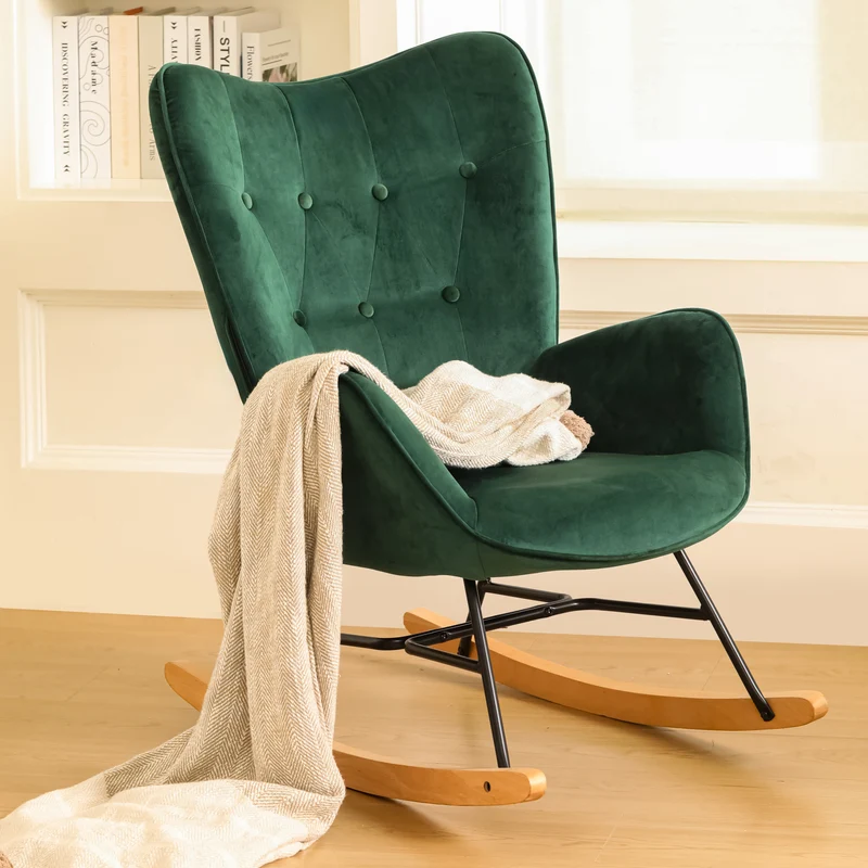 Fauteuil à bascule Scandinave velours vert pieds en bois clair EPPING KD VELVET GREEN WOOD LEG